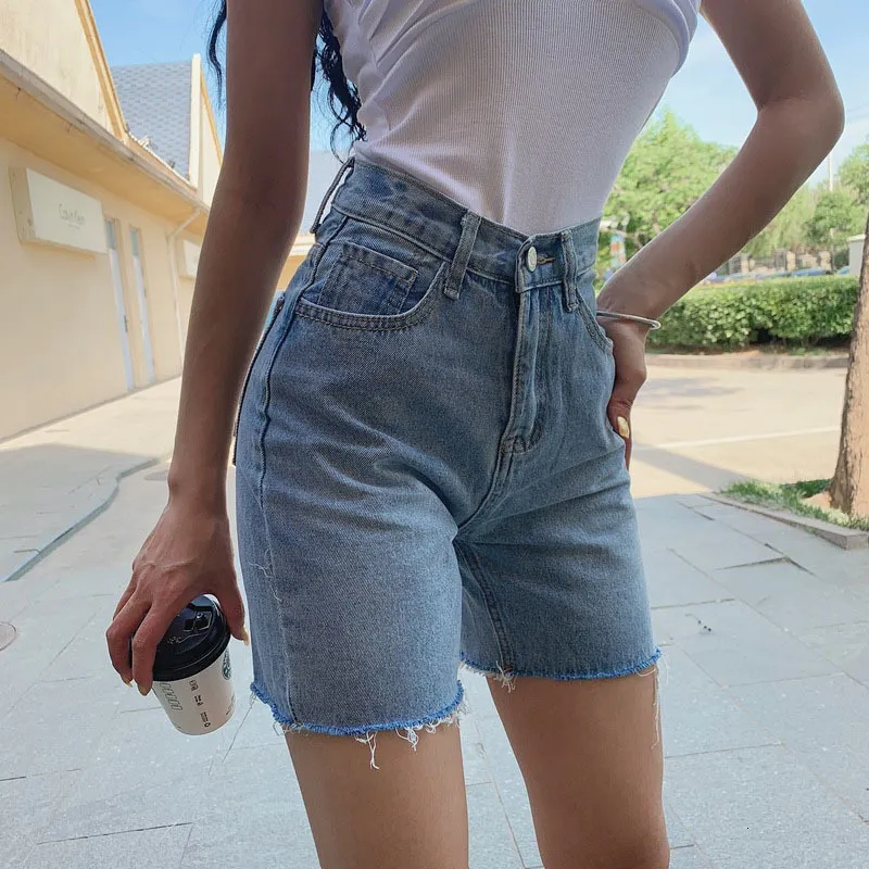 Shorts femininos femininos cintura alta perna larga shorts jeans com borlas verão moda roupas de rua casual cor sólida feminino solto listrado jeans 230406