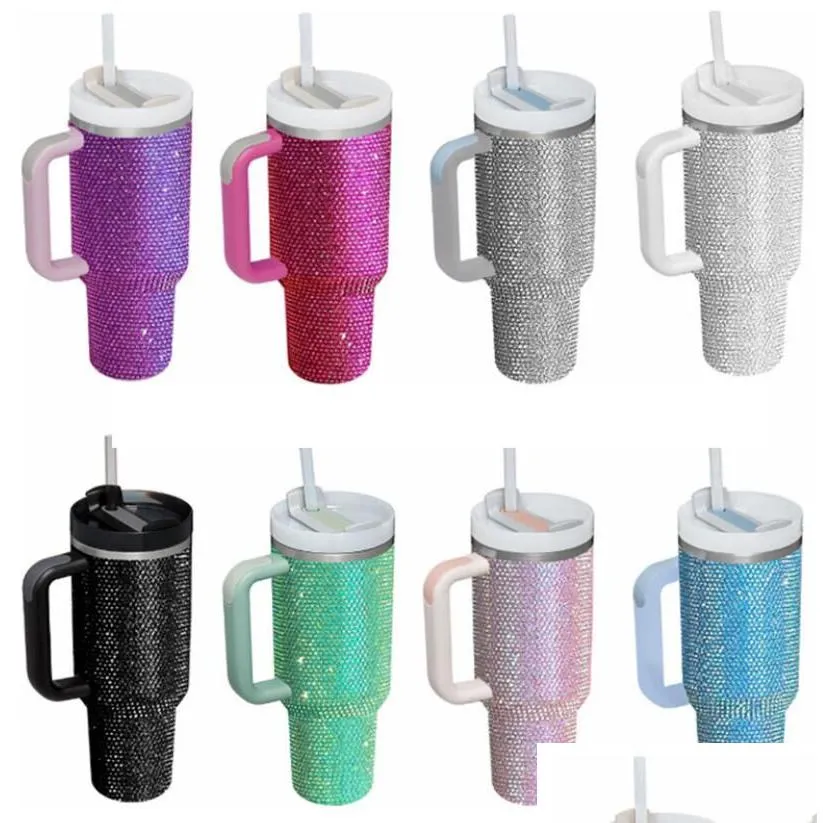 Mugs Commuter Travel New 10Pcs 40Oz Shiny Rhinestone Mug Tumbler With Handle Insated Lids St Stainless Steel Coffee Termos Cup W Dh59C