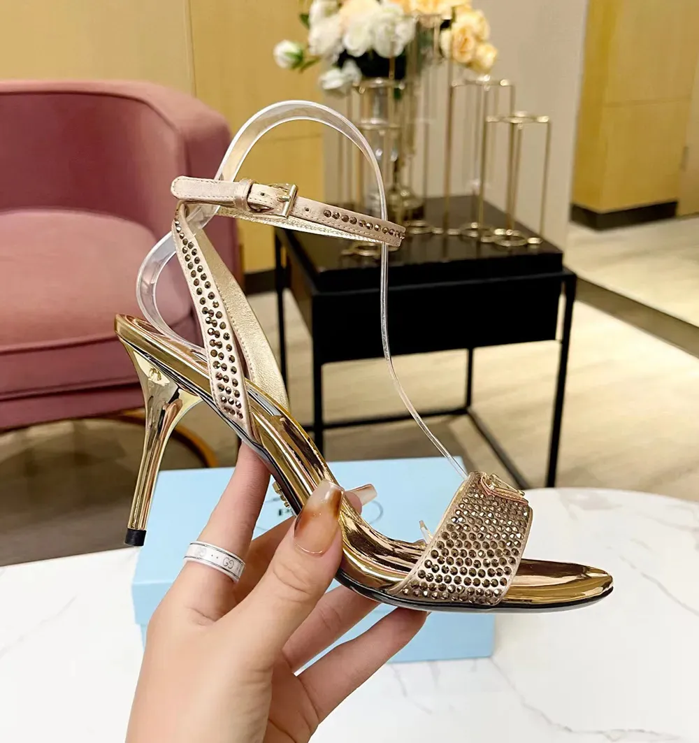 Crystal Stiletto Sandals: 9cm High Heel, Gold Rhinestones, New Strass ...