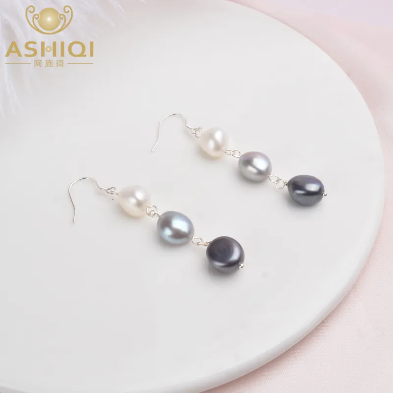 Dangle Chandelier ASHIQI Natural Baroque Pearl 925 Sterling Silver Long Earrings For Women Black freshwater pearl Handmade drop earring Party Gift 230404