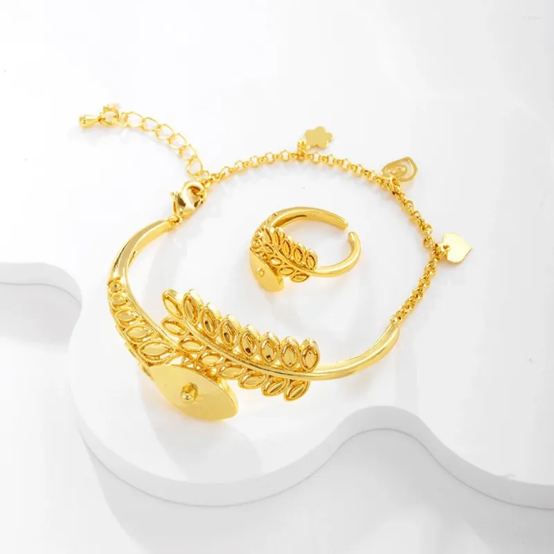 Necklace Earrings Set Adjustable 24k Gold Color For Women Leaf Bangle Bracelet Ring Wedding Jewelry Accessories Party Gifts