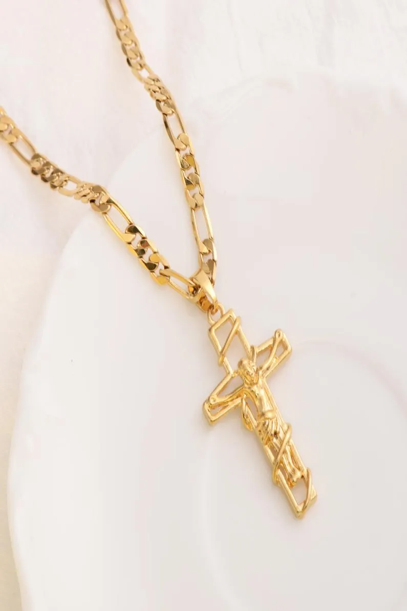 GF Gold Cross Pendant Jezus Crucifix frame Italiaanse Figaro Link Chain ketting 9 K Solid Fine Yellow Geel Thaht2237853