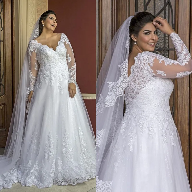 Elegant White Long Sleeves Wedding Dresses Lace Appliques A Line Bridal Gowns Sexy Open Back Buttons Court Train Plus Size Bridal Gowns Custom Made