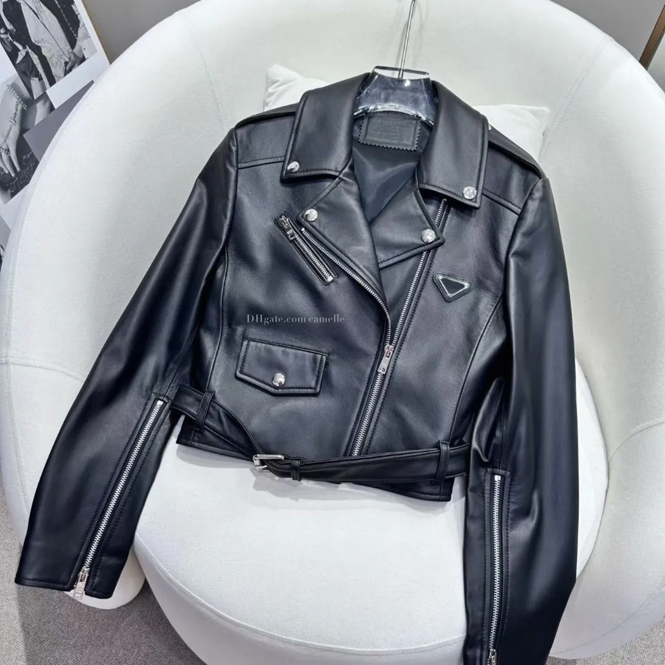 Pra & da womens Biker Leather Jackets Coats Cowhide Slim Fit Short Motorcycle Coats Femal Tops