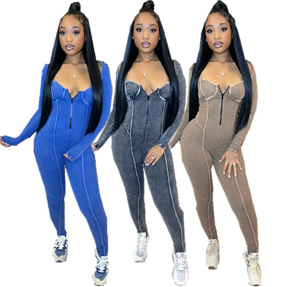 Designer Lange Mouw Jumpsuits Dames Herfst Winter Bodycon Rompertjes Sexy Effen Vierkante Kraag Jumpsuits Een Stuk Overalls Leggings Groothandel Kleding 10347