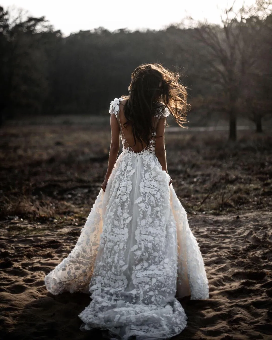 Berta Boho Vintage Wedding Dress With Appliques Illusion V Neck