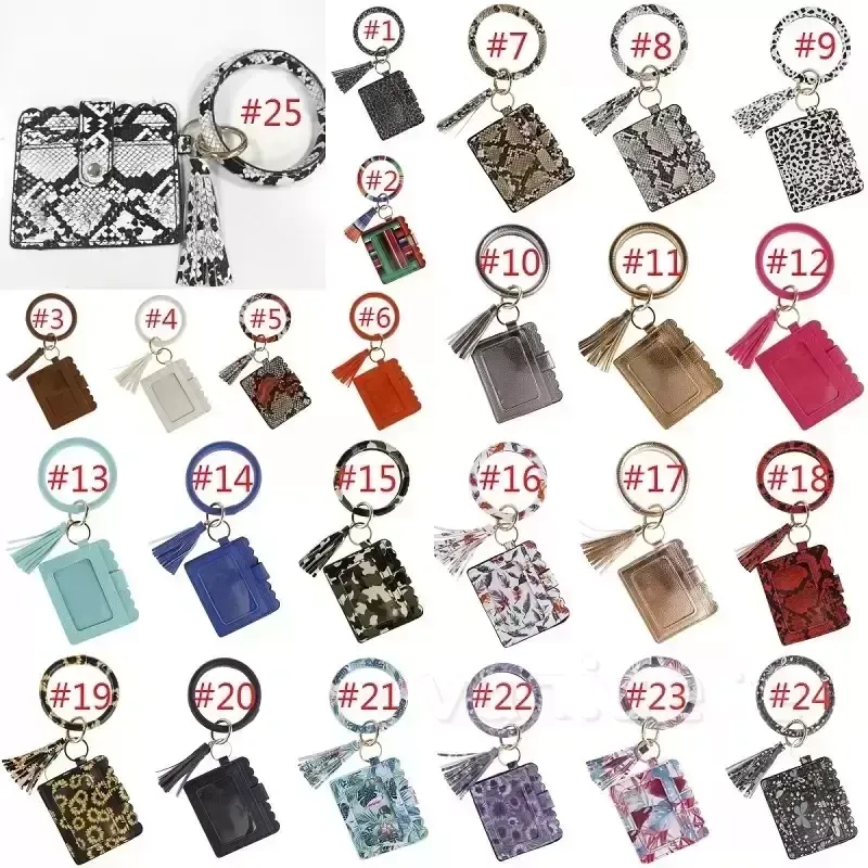 Estampado de leopardo PU Borla de cuero Colgante Pulsera favor de fiesta Llavero de cuero para mujer Paquete de tarjeta de billetera Titular de la tarjeta de visita 1106