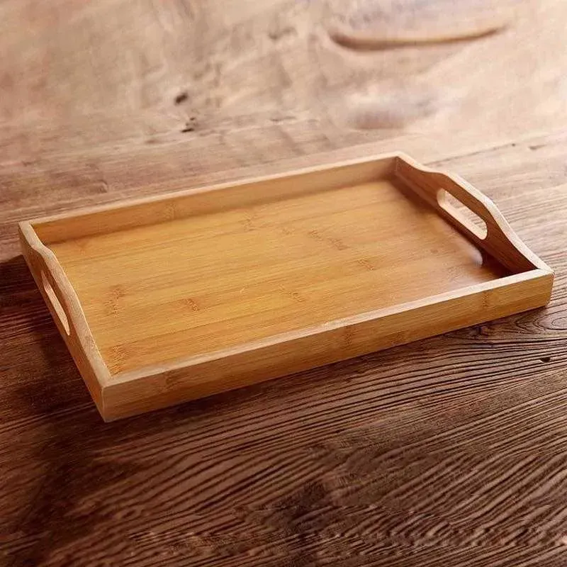 Wooden Bamboo Rectangular Serving Tray Kung Fu Tea Cutlery Trays Storage Pallet Fruit Plate with Handle