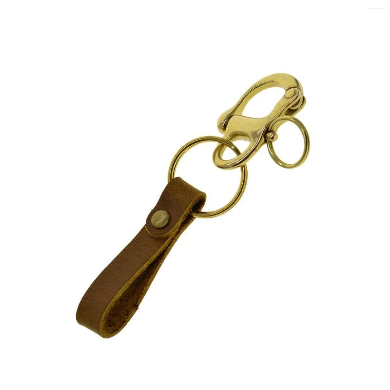 Anahtarlıklar Katı Pirinç Denizcilik Snap Snap Carabiner Shackle Hook Tam Tahıl İnek Deri Kayış Anahtarlık Anahtar Yüzükler Fob