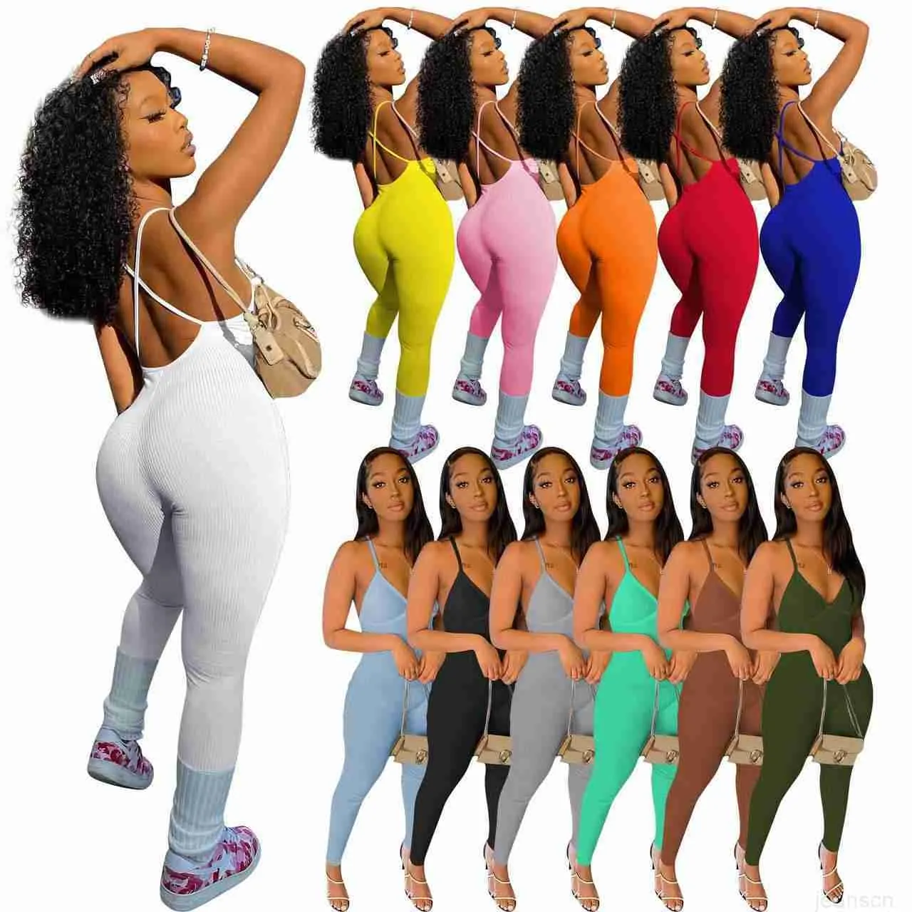 Women Designers Clothes 2023 women's spring and summer new rib suspender backless Jumpsuit v-neck blue