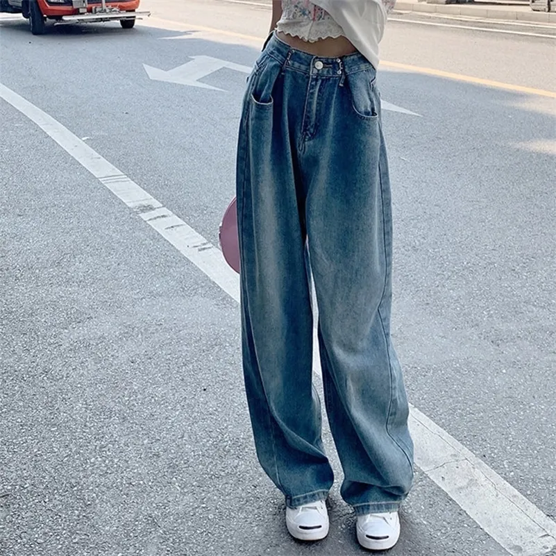 Women's Jeans Rimocy Vintage Blue High Waist Pocket Jeans Women's Autumn Pocket Wide Leg denim Trousers Women's Street Pants 230404