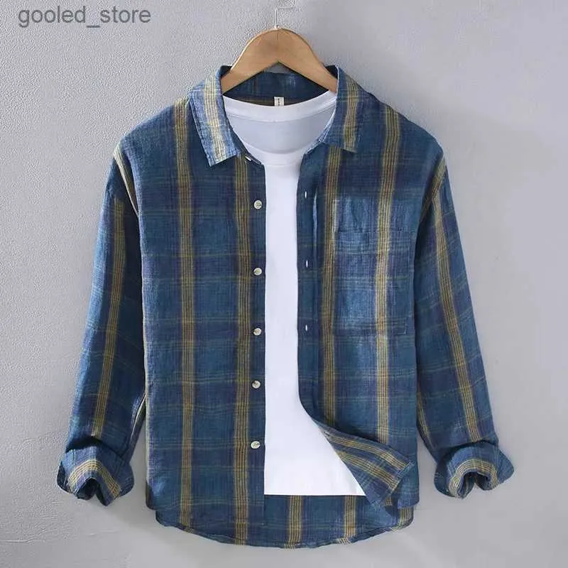 Men's Casual Shirts Spring Autumn Korean Style New Men's Stripe Pocket Patchwork Linen 100% Shirts Long Sleeve Loose Casual Men High Street Clothes Q231106