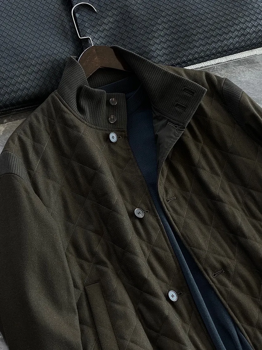 メンズジャケットオータムロロピアナアーミーグリーン格子縞のウールカーディガンジャケット