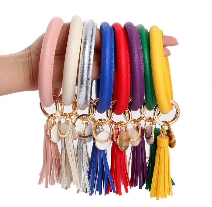 سوار جلدي سلسلة مفتاح pu wristr round key ring tassel arristbands Sports Keychain Bracelets Round Rings DA247