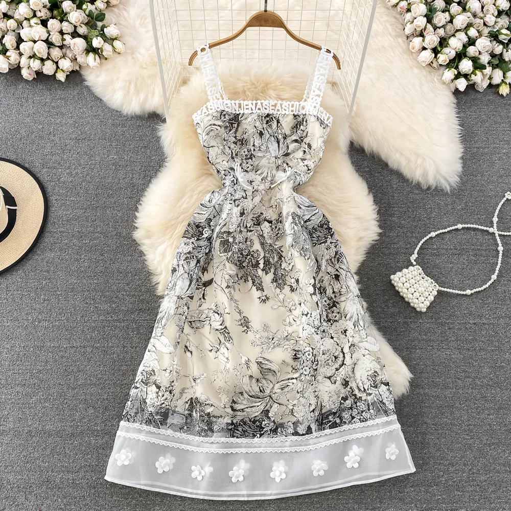 Letnia sukienka w stylu vintage liter splicowany atrament kwiatowy nadruk w talii opakowany w rękawie sukienka