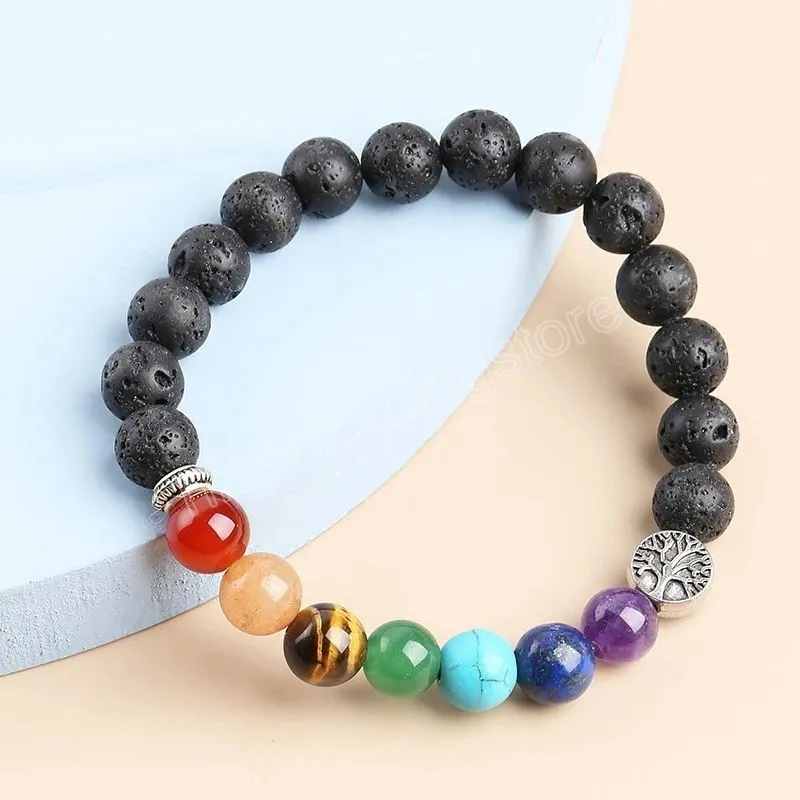 Pietra lavica naturale 7 Chakra Bracciale di guarigione Reiki Perline naturali Albero della vita Yoga Equilibrio energetico Vulcanico Uomo Donna Braccialetti