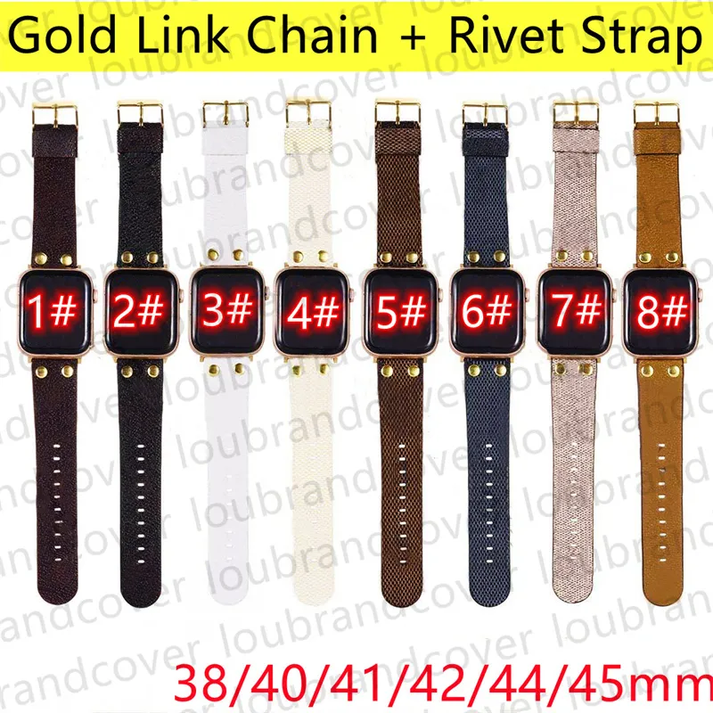 Designer Smart Straps Watch Band for apple watch band Gold Link Chain 49mm 44mm 45mm iwatch series 8 9 4 5 6 7 Strap Leather Rivet Bracelet Original Monogram Letter Print