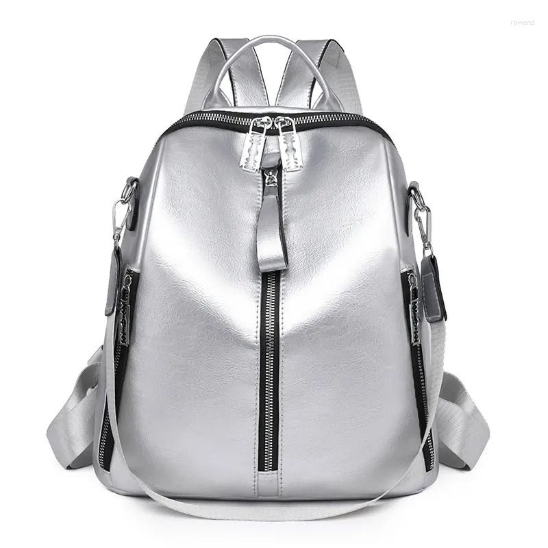 School Bags Luxury Designer Style Backpacks For Women's Ladies Schoolbag Silver Soft Leather Girls One Shoulder Travel Female