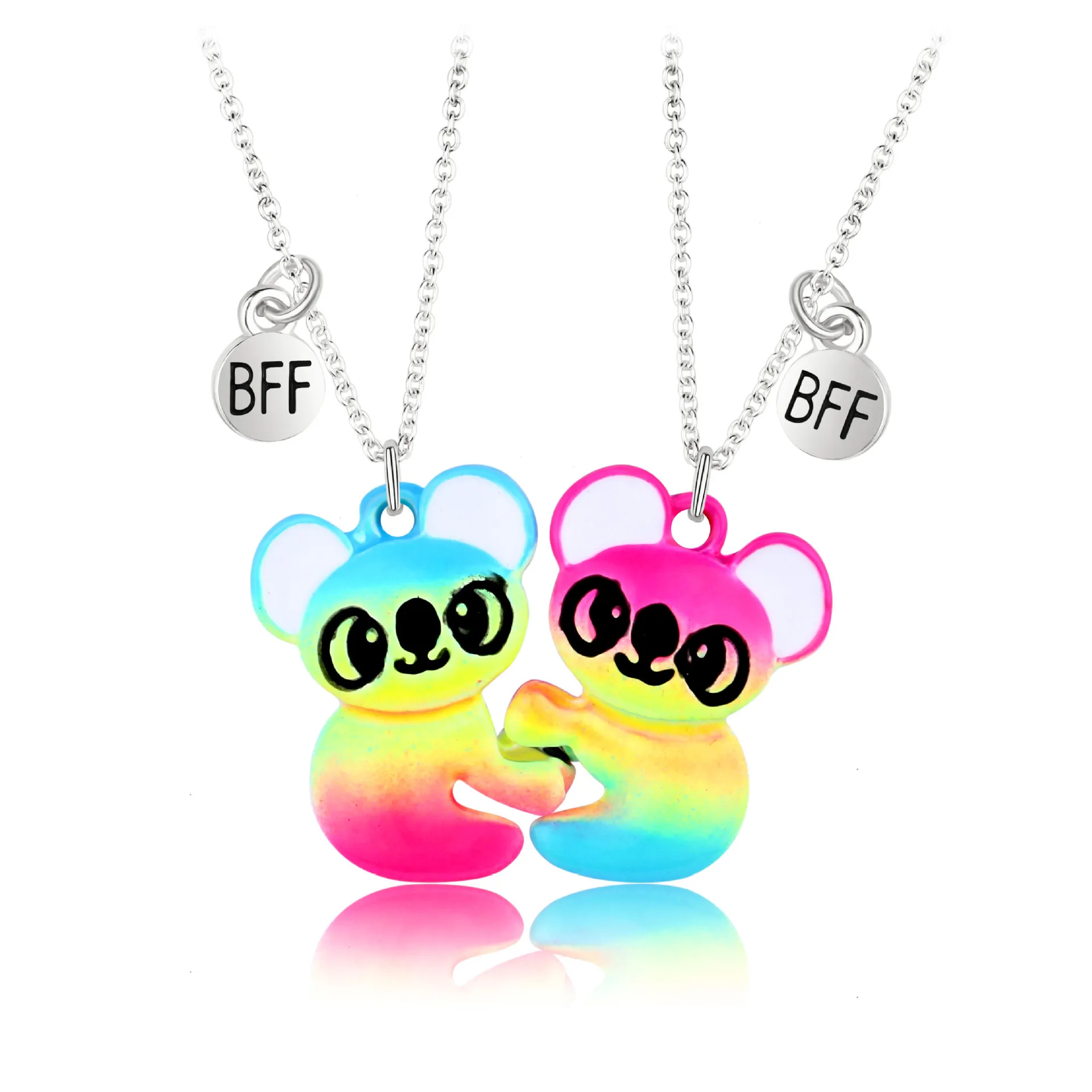 2 Best Friend Half heart Pendant Panda Koala Necklace Charm Bestie Friendship Rainbow Color Necklaces Jewelry Girl