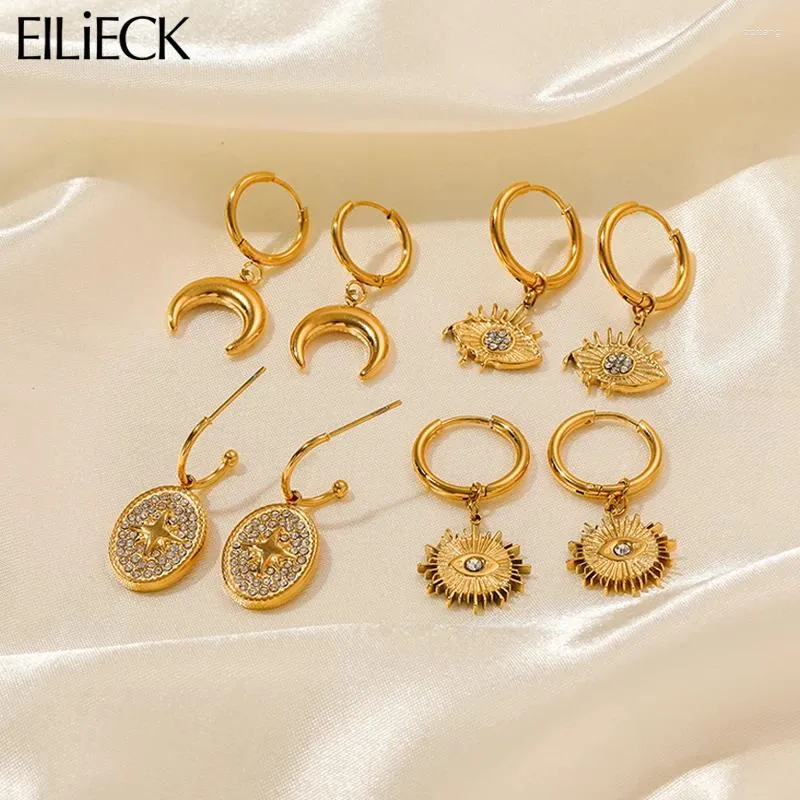 Hoop Earrings EILIECK 316L Stainless Steel Gold Color Sun Moon Star Eye Shapes For Women Vintage Fashion Girls Ears Jewelry Gift