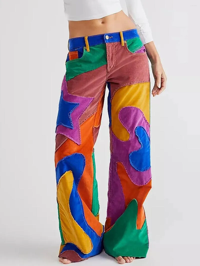 Pantalones vaqueros para mujer, pantalones a cuadros de Color elegante, retales acampanados, cintura alta, pierna ancha, informal, elástico, ropa de calle de otoño