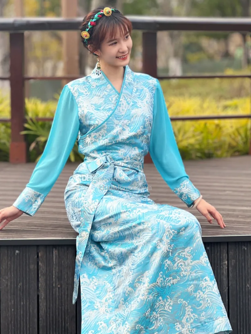 Vêtements ethniques pour femmes, costume de Style traditionnel asiatique, robe pour dames, vintage brodée, longue robe tibétaine élégante