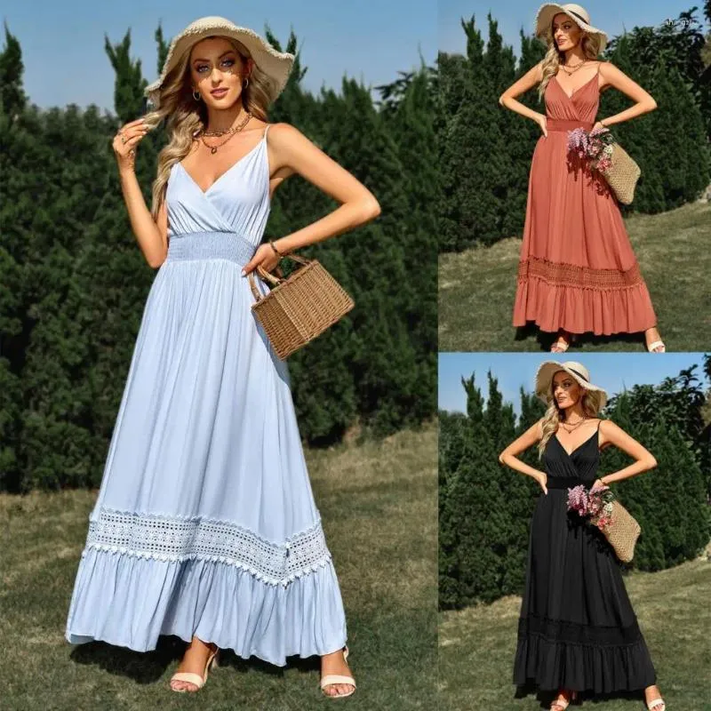 Casual Dresses Summer Sling Dress 2023 Fashion V-Neck Solid Color Lace Patchwork Receive Waist Long