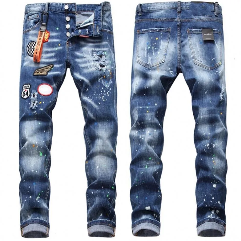 Jean Slim en détresse pour hommes mode hommes jean Slim fermeture éclair hommes Denim pantalon Hip Hop Top qualité hommes peinture Jeans302T