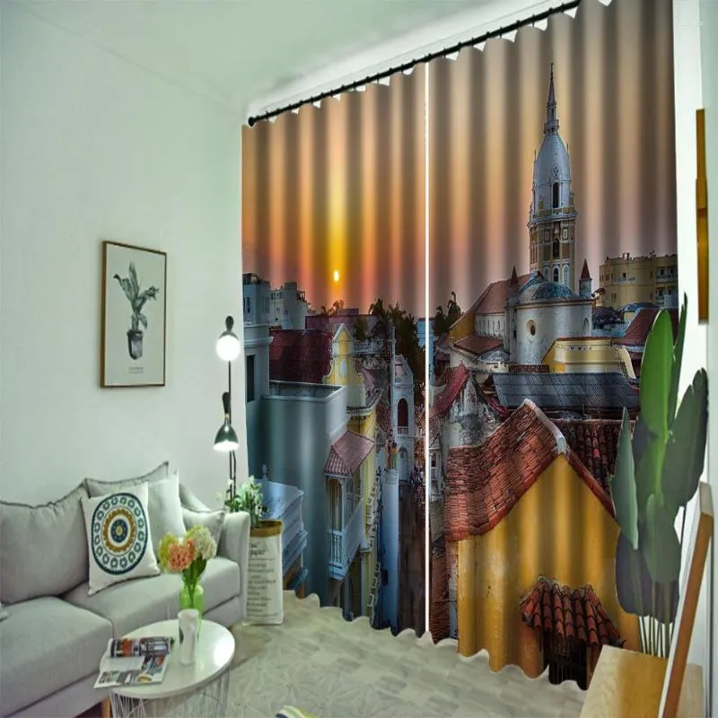 Cortina Country Building Cortinas Ventana Blackout Luxury 3D Set para dormitorio Sala de estar Oficina El hogar