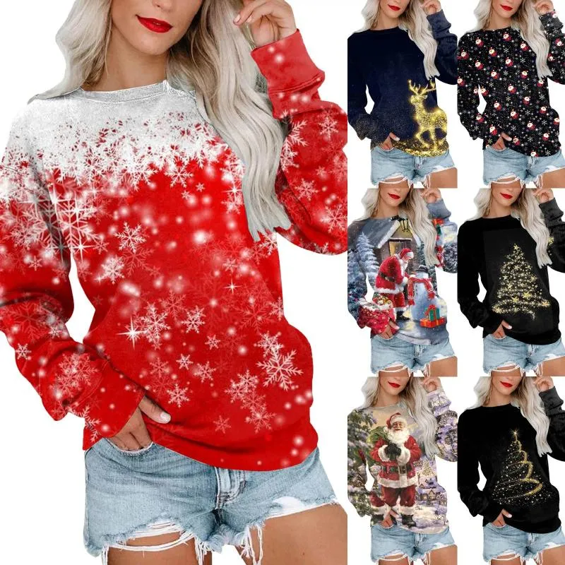 Women's Hoodies Womens Daily Merry Christmas Print O Neck Sweatshirt Round Fit Pullover Tops Casual Long Sleeve Workout Shirts Active X