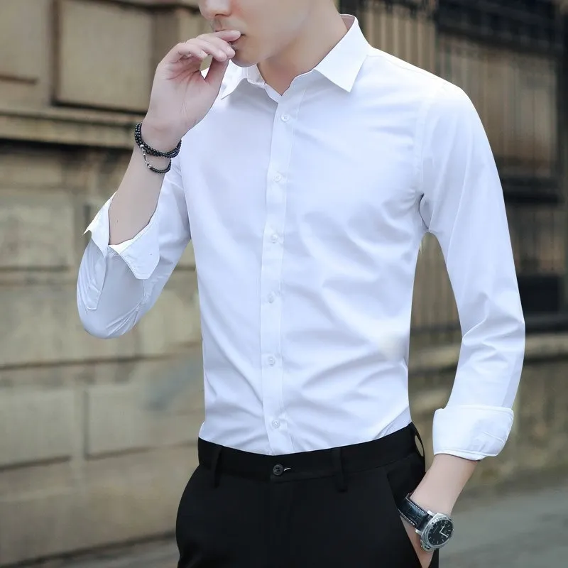 Mens Slim Fit No Iron Long Sleeve Shirt Solid Professional Business Dress Work Shirts For Men Button-down Blouse Clothing