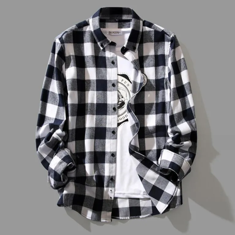 Nova camisa casual masculina outono casual xadrez flanela camisa masculina de mangas compridas no peito dois bolsos design moda impressa-gola virada para baixo camisa de botão M-3XL