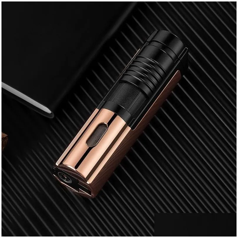 Smoking Pipes Jet Gas Lighter Torch Windproof Metal Visible Window Turbo Butane 3 Flame Mtifunction With Cigar Cutter Lighters Drop Dhvlr