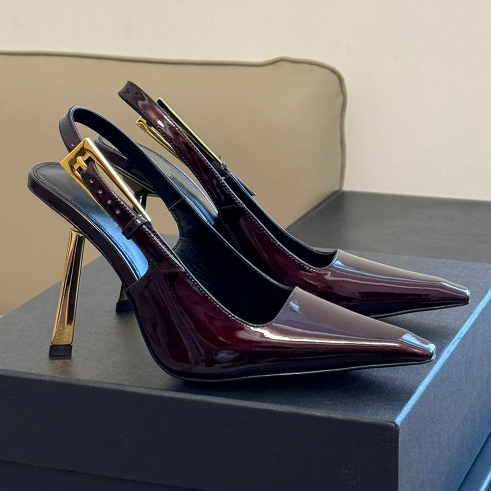 Tasarımcı Topuk Deri Deri Toka Slingback Pompalar Ayakkabı Stiletto Topuklular Sandalet 9cm Kadınlar Lüks Tasarımcı Elbise Square Smipted Toe Akşam Ayakkabı Ofis Kadın