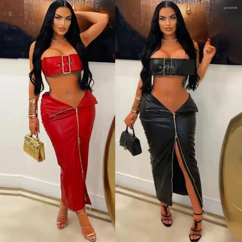 Robes de travail KEYANKETIAN Femmes Faux Cuir Zipper Moulante Midi Maxi Jupes Longues Ensemble Crop Top 2023 Sexy Party Deux 2 Pièces Ensembles Tenues