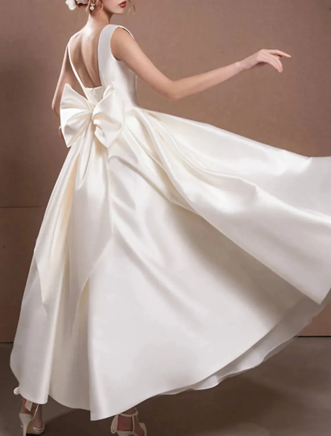 Elegante pequeno branco curto vestido de casamento quadrado pescoço cintas tornozelo comprimento cetim com arco vestidos de festa de noiva
