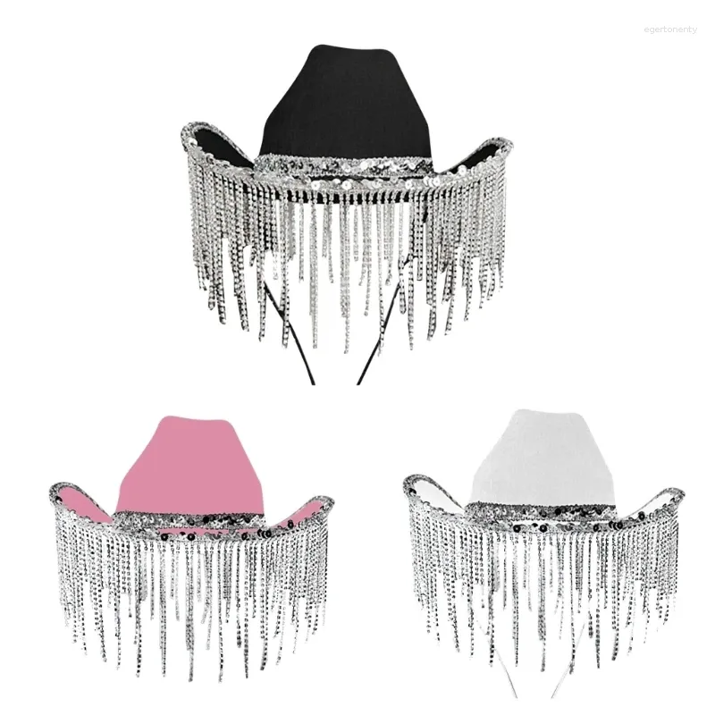 Berets Rhinestons Hat Bowboy Hat for Girls Glitter equins Fringe Cowgirl Party Party Compance Compans Dropship Dropship