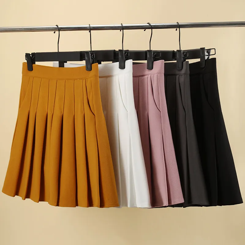 Skirts Pleated Skirt with Pockets Women's Autumn Yellow Preppy Style Elastic High Waist A-Line Slimming Black Kawaii Mini Short Board 230406