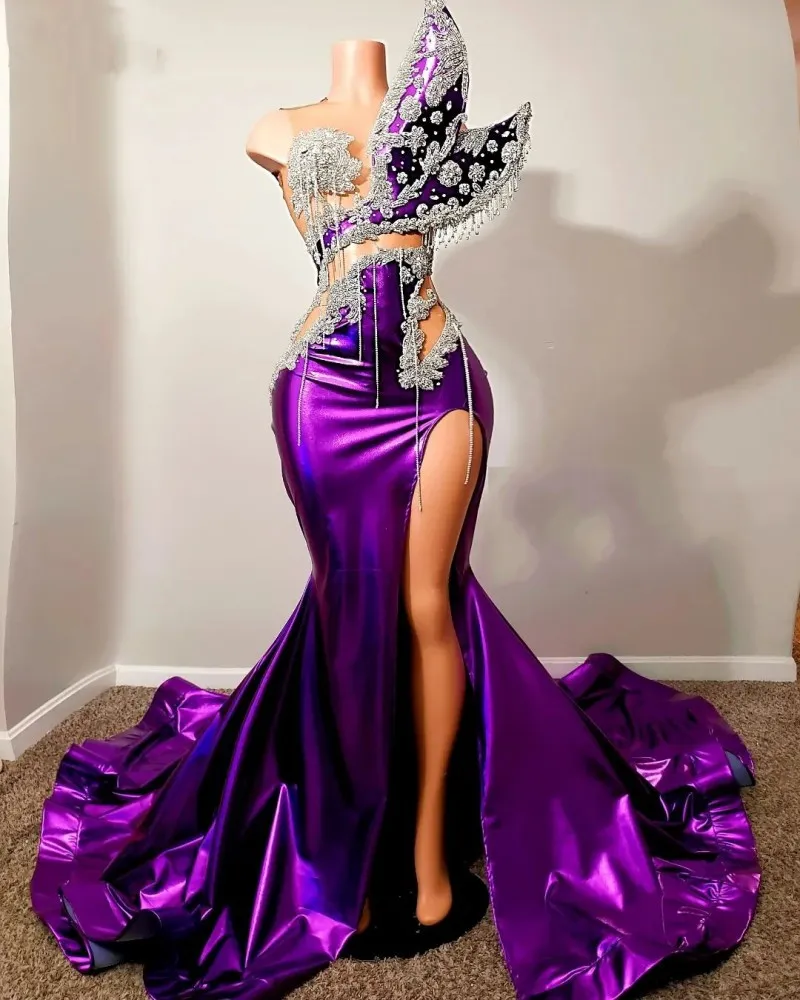 Robe De bal sirène violette, Sexy, en Satin, perles, fente haute, longue, robe De soirée, 2023, 322