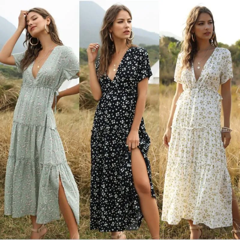 Casual jurken dames vintage maxi bloemenprint zomerjurk vrouwen slanke hoge taille knop Boheems strandvestidos vrouwelijk gewaad femcasual