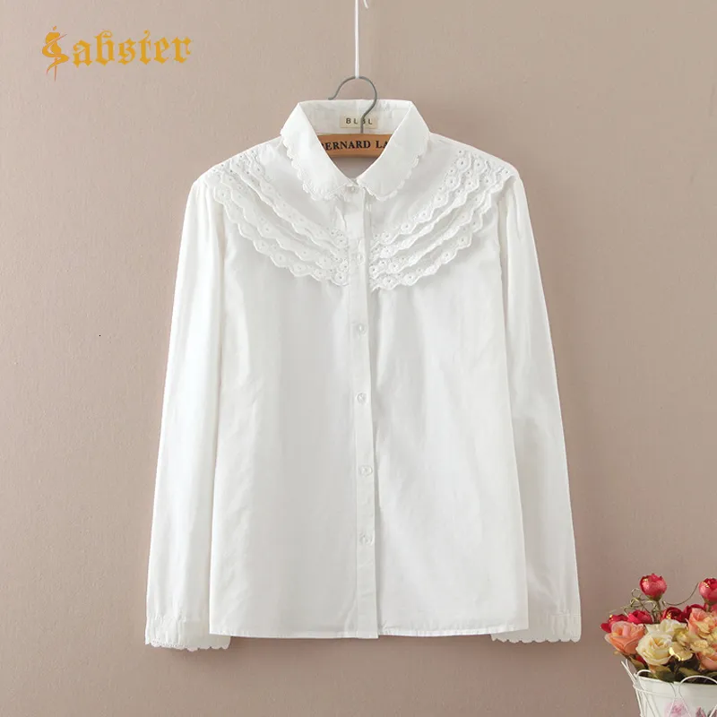 Blusas femininas camisas de camisa branca bordada feminina outono elegante renda de renda de manga comprida algodão casual azul feminino xz448 230406