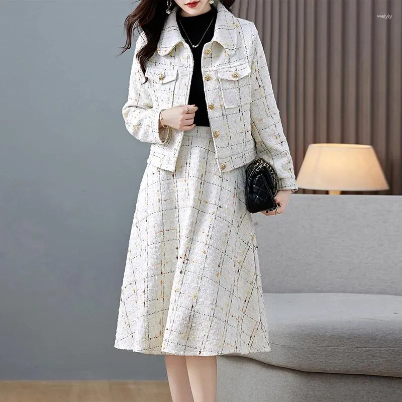 Vestido de duas peças outono winnter pequena fragrância define houndstooth outifits lapela colarinho casacos curtos e saias de linha a ternos femininos