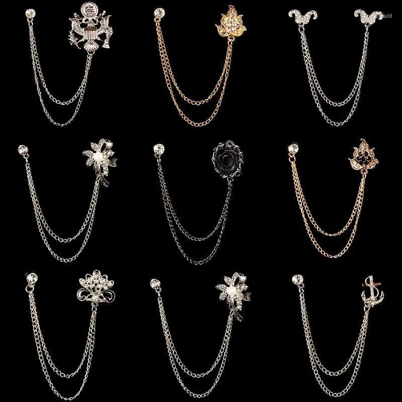 Broschen Pins Mode Perle Blume Brosche Legierung Strass Quaste Kette Revers Pin Bart Anzug Hemdkragen Für Frauen Männer Schmuck Roya22