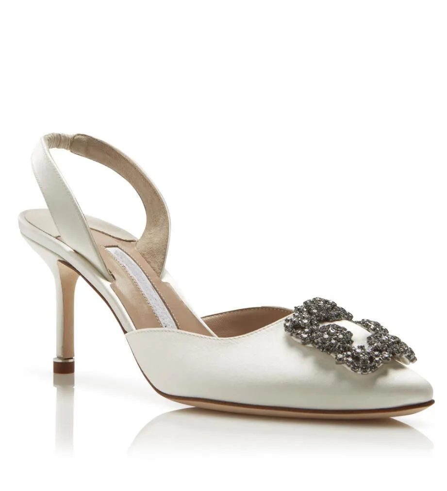 Летняя роскошная бренда женщин Hangisli Sandals Shoes Square Crystal Satin Jewel Bugle Slingback Lady Party Sward Dress Насосы