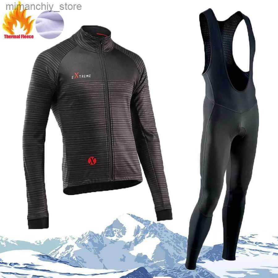 Maglia da ciclismo Set Nero Calore invernale Maglia da ciclismo Set Long Seve 2023 Nuovo Abbigliamento da ciclismo Uomo Sport Abbigliamento da bici da strada Completo MTB Pantaloni con bretelle in gel Q231107