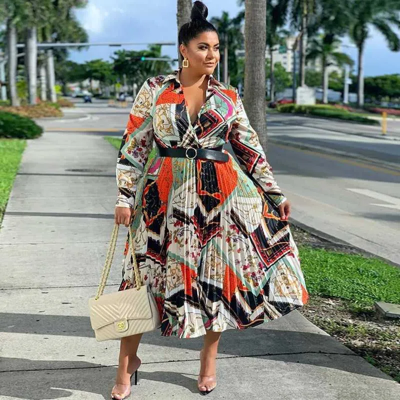 Plus Size Designer Plus Size shirt dress with Long Skirt, Pleated Color, Deep V-neckline, and Belt for Fashionable Women