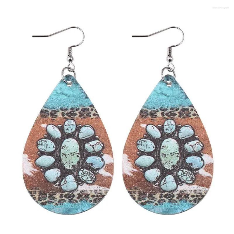 Boucles d'Oreilles Créoles Goutte Léopard Turquoise Cuir PU Avec Breloques Extra Large Pour Femme