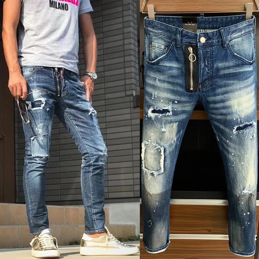 Man nödställda denimbyxor skador bleknade fem fickor Clement Fit Jeans Slim Leg Wash Effects Mens308U