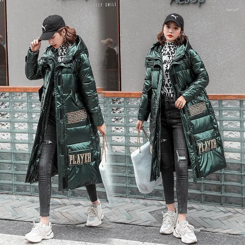 Casacos de trincheira feminina Brilhante parkas de parkas de manga cheia de tamanho grande 2023 Winter Moda coreana Verde Blackthicken Jacket Warm Female