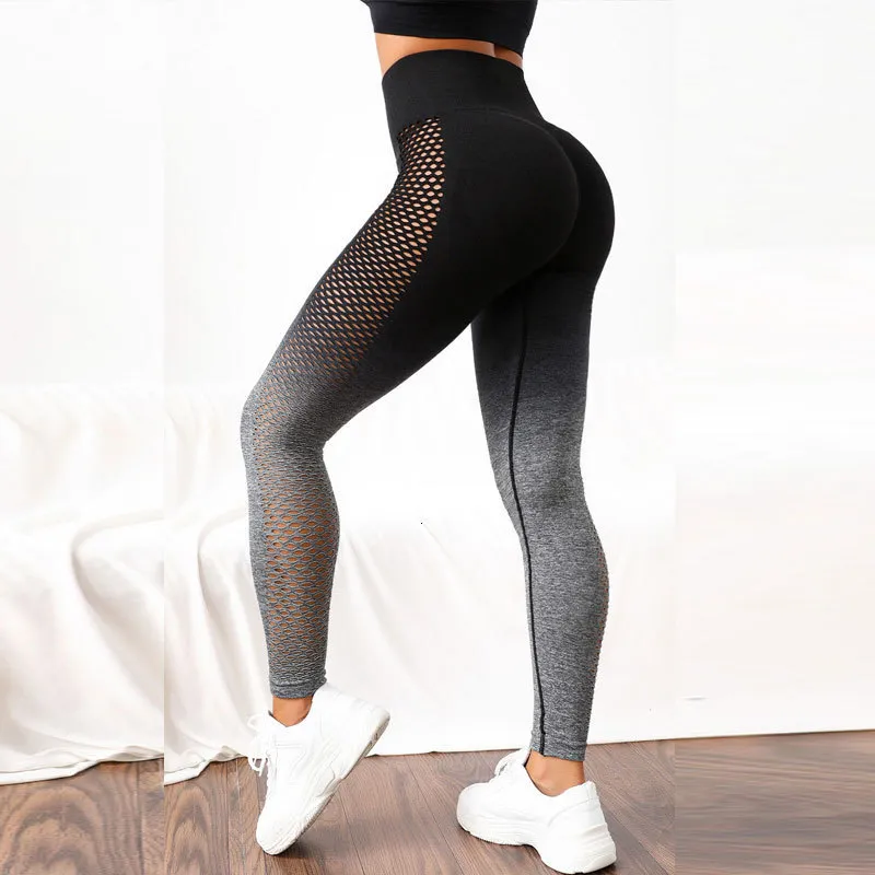 Leggings damesgradiënten mesh naadloze benen dames met hoge taille yogabroek gym heup grijpen poten fitness benen holle strakke fit 230406